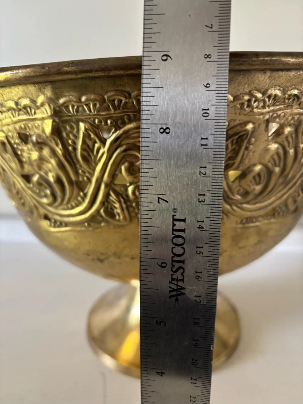 Brass Pedestal Bowl with Embossed Floral Motif - Gold Tone